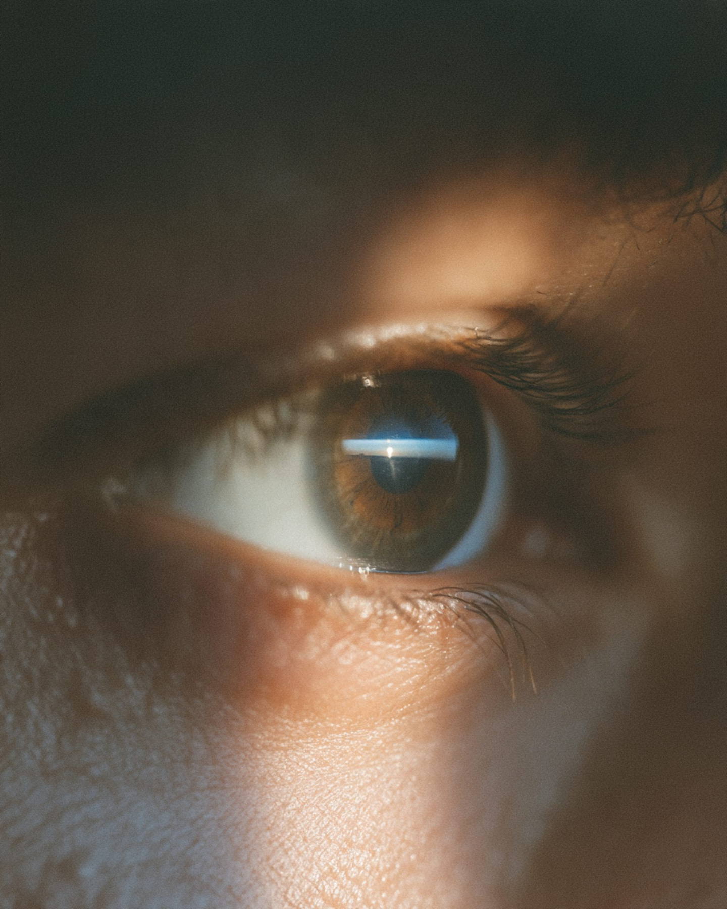 Macro of a pilot’s eye, the horizon reflected in the iris.