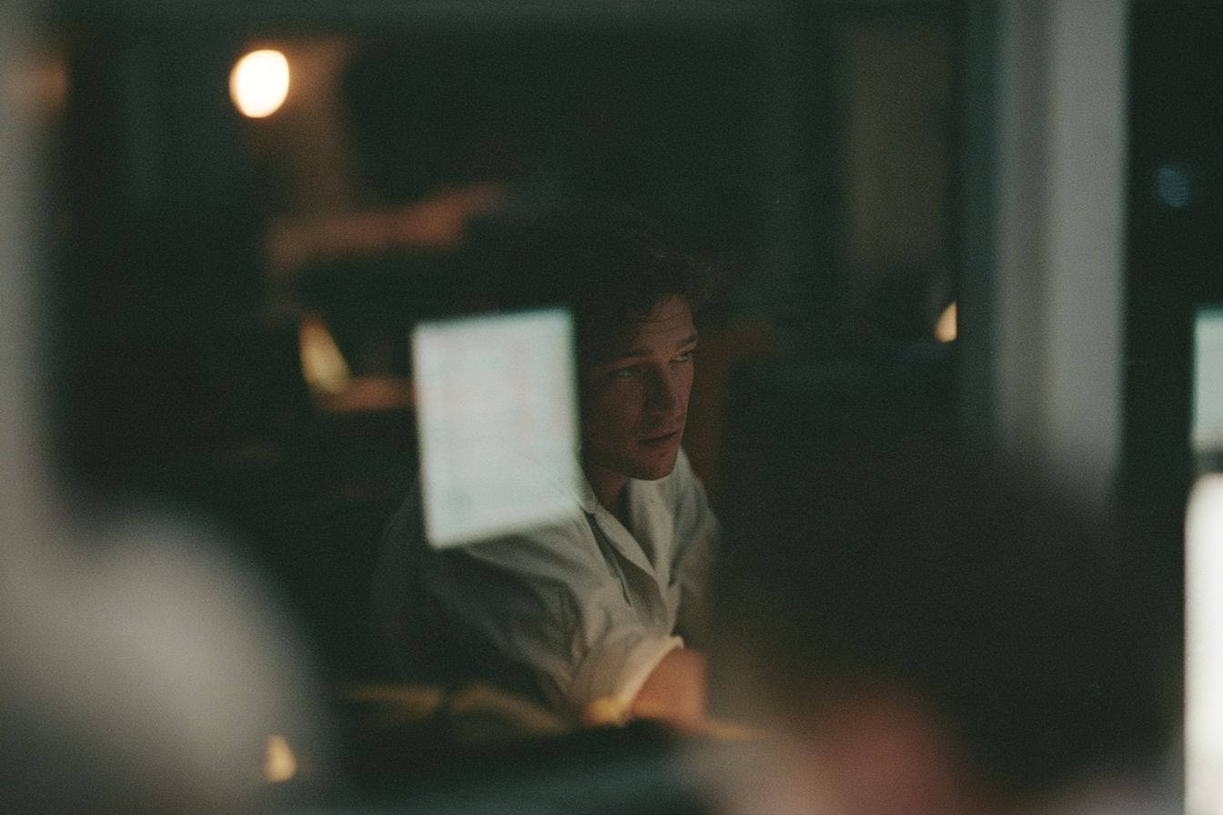 An instructor watching a debrief screen in a dim room.