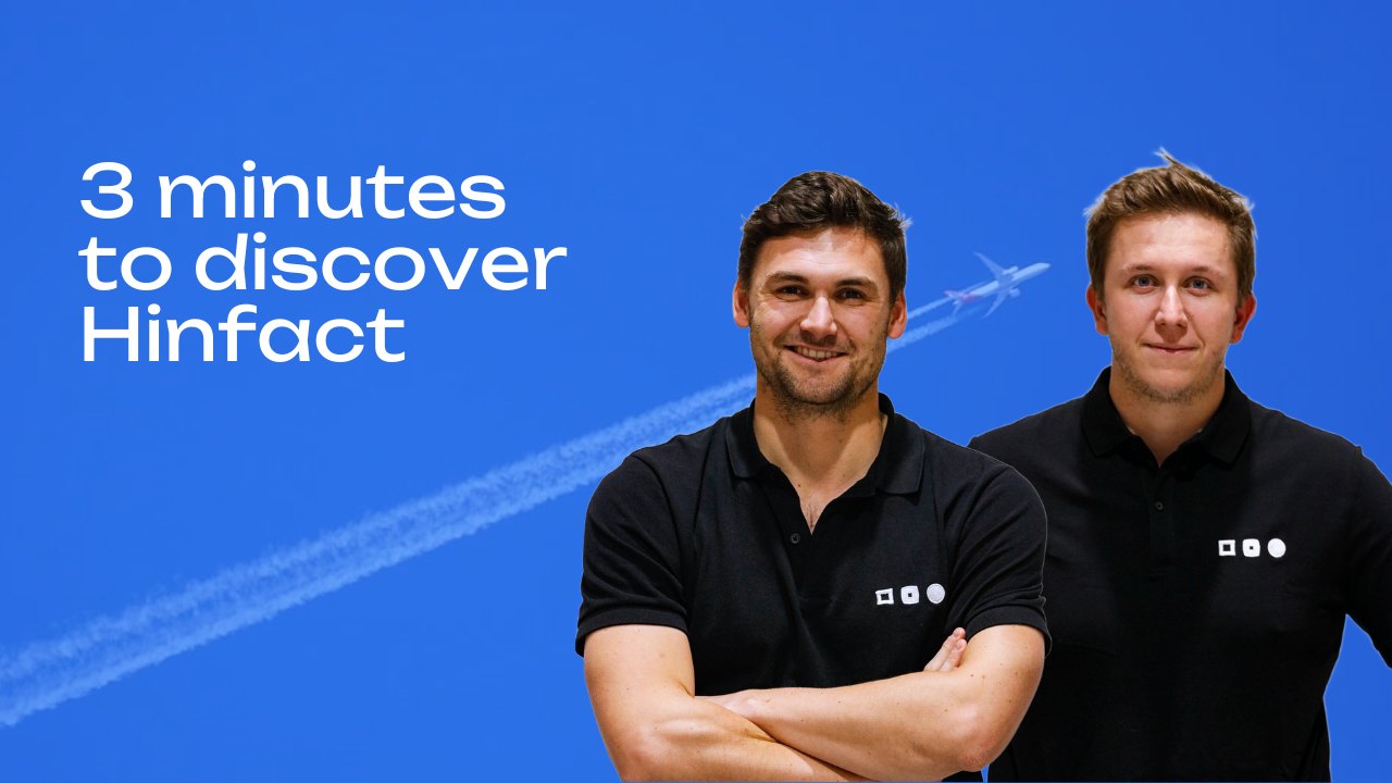3 minutes to discover Hinfact: two members of the Hinfact team in front of a blue sky crossed by an airliner.