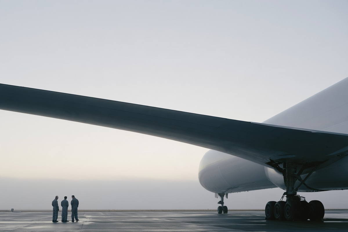 An airliner on the apron at first light.
